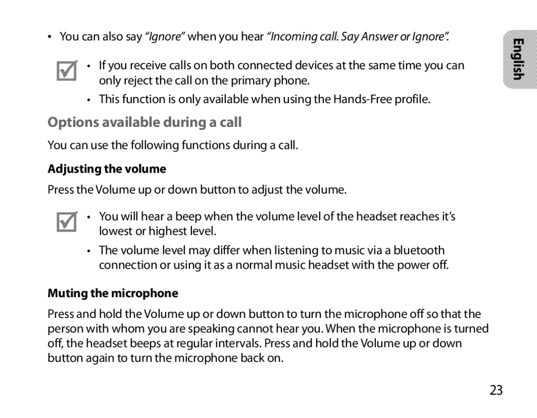 Samsung BHS6000EBECFOP, BHS6000EBECXEF manual Options available during a call, Adjusting the volume, Muting the microphone 