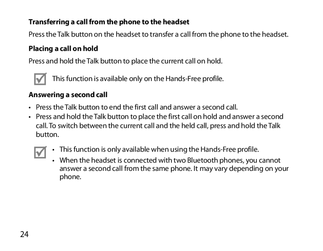 Samsung BHS6000EBECCRO Transferring a call from the phone to the headset, Placing a call on hold, Answering a second call 