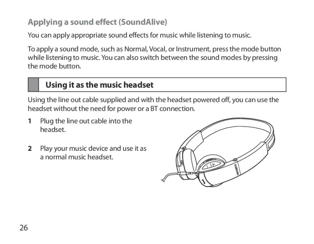 Samsung BHS6000EBECXEE, BHS6000EBECXEF, BHS6000EBECFOP Applying a sound effect SoundAlive, Using it as the music headset 