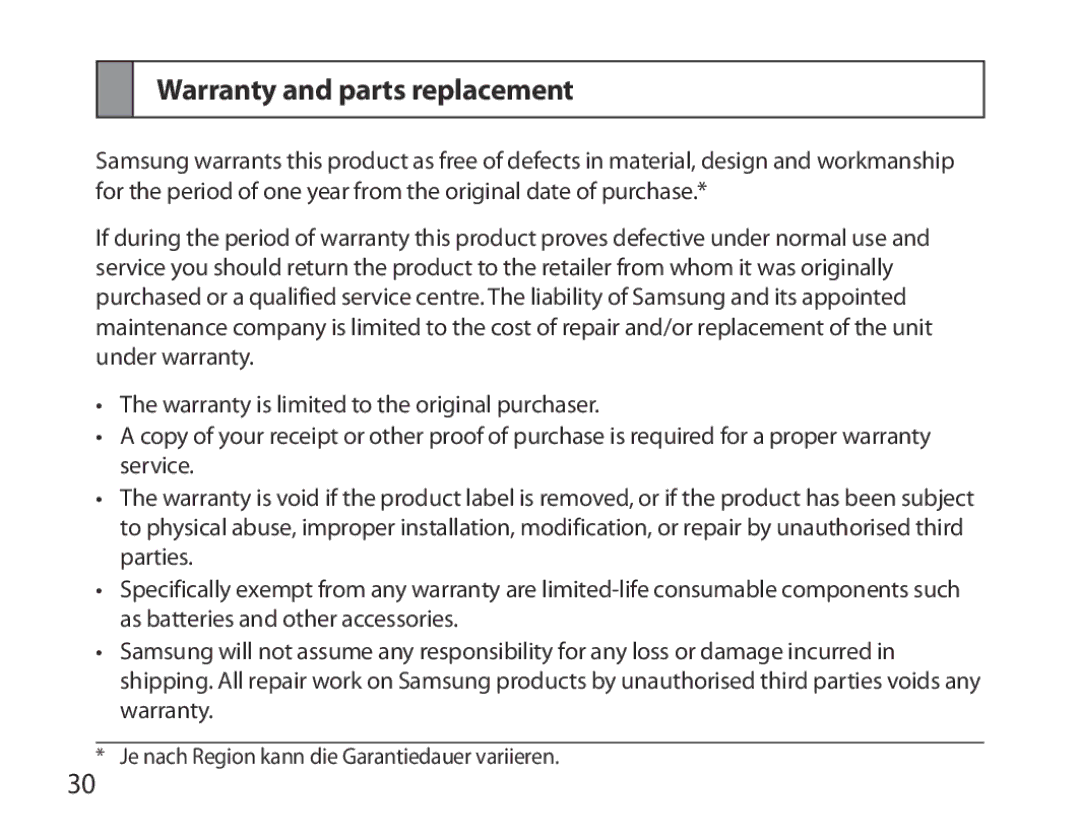 Samsung BHS6000EBECXEF, BHS6000EBECFOP, BHS6000EBECCRO, BHS6000EBECXEH, BHS6000EBECXEE manual Warranty and parts replacement 