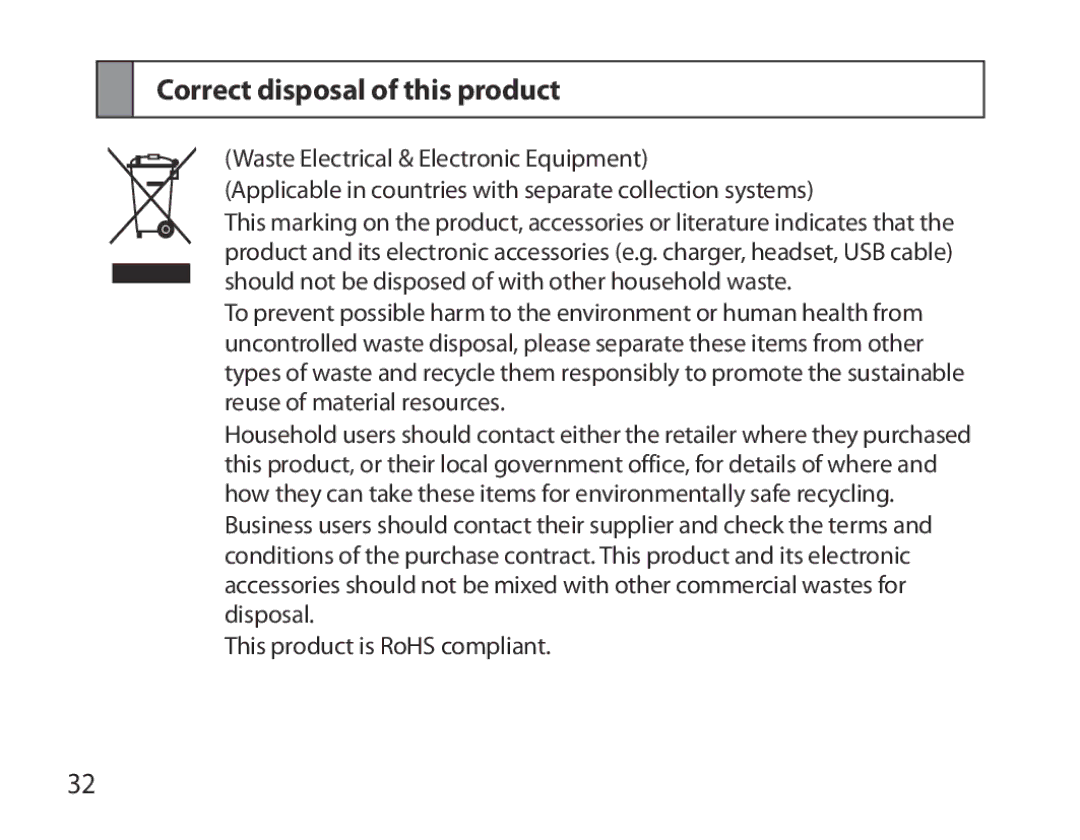 Samsung BHS6000EBECCRO, BHS6000EBECXEF, BHS6000EBECFOP, BHS6000EBECXEH, BHS6000EBECXEE manual Correct disposal of this product 