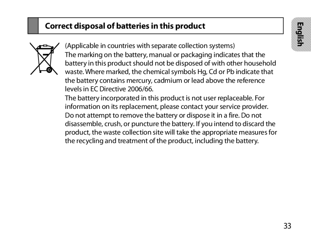 Samsung BHS6000EBECXEH, BHS6000EBECXEF, BHS6000EBECFOP, BHS6000EBECCRO manual Correct disposal of batteries in this product 