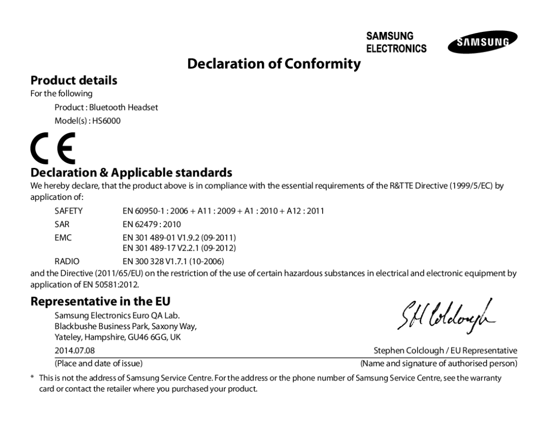 Samsung BHS6000EBECXEE, BHS6000EBECXEF manual Declaration of Conformity, Product details, Declaration & Applicable standards 