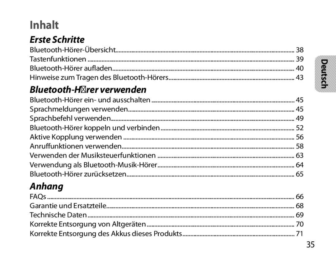 Samsung BHS6000EBECHAT, BHS6000EBECXEF, BHS6000EBECFOP, BHS6000EBECCRO, BHS6000EBECXEH, BHS6000EBECXEE manual Inhalt, Deutsch 