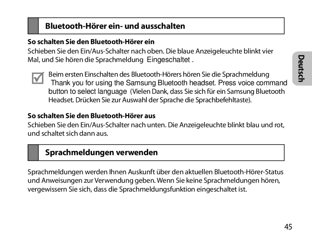 Samsung BHS6000EMECXEH, BHS6000EBECXEF, BHS6000EBECFOP manual Bluetooth-Hörer ein- und ausschalten, Sprachmeldungen verwenden 