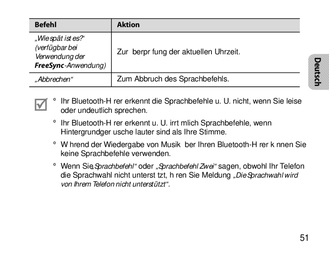 Samsung BHS6000EBECHAT, BHS6000EBECXEF, BHS6000EBECFOP, BHS6000EBECCRO, BHS6000EBECXEH, BHS6000EBECXEE manual Befehl Aktion 