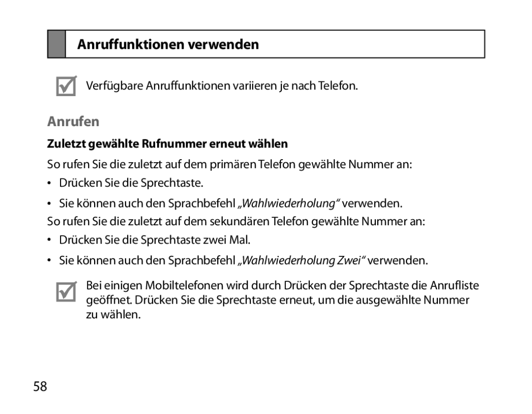 Samsung BHS6000EBECXEE, BHS6000EBECXEF manual Anruffunktionen verwenden, Anrufen, Zuletzt gewählte Rufnummer erneut wählen 