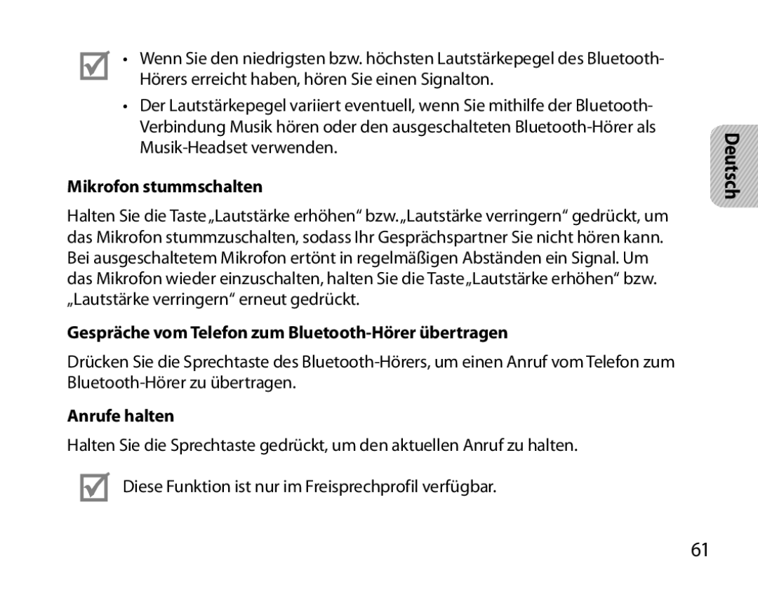 Samsung BHS6000EMECXEH manual Mikrofon stummschalten, Gespräche vom Telefon zum Bluetooth-Hörer übertragen, Anrufe halten 