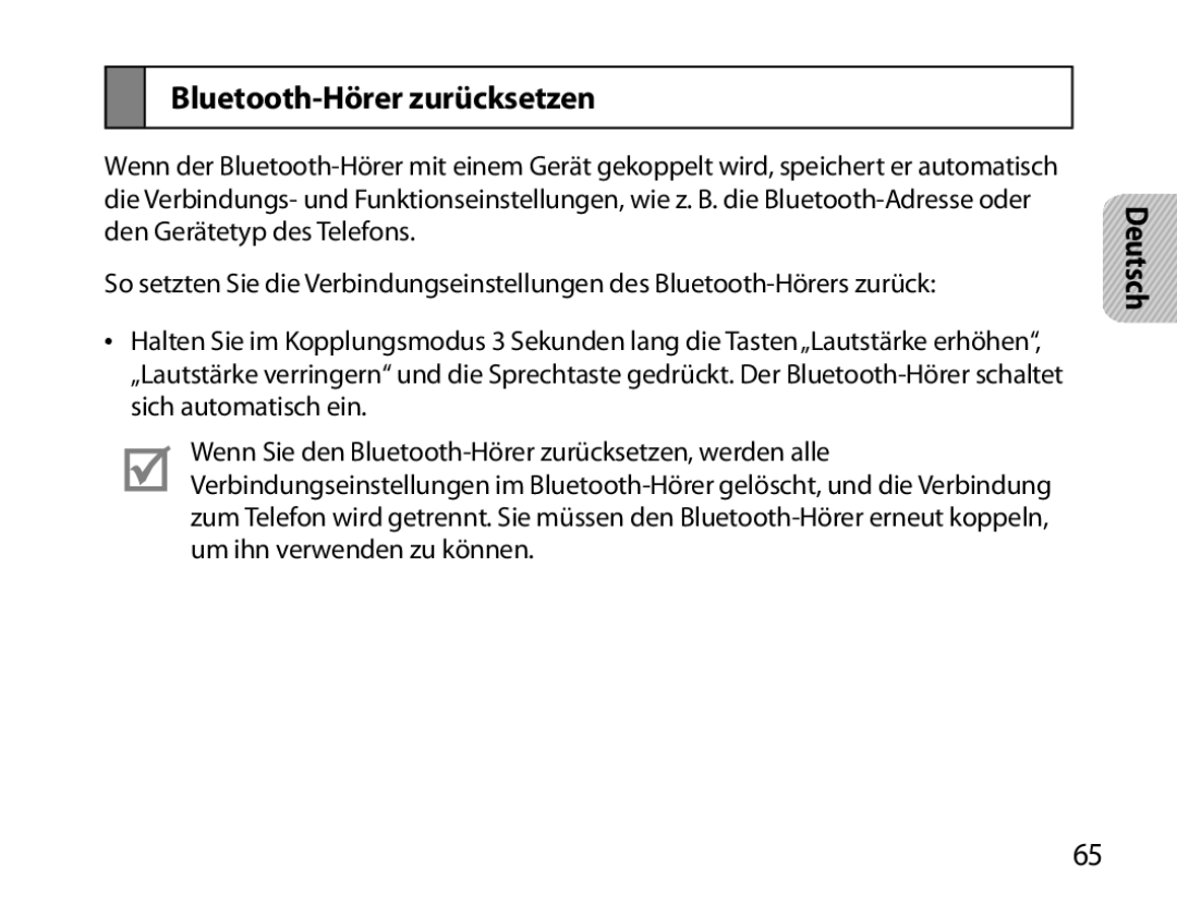 Samsung BHS6000EBECXEH, BHS6000EBECXEF, BHS6000EBECFOP, BHS6000EBECCRO, BHS6000EBECXEE manual Bluetooth-Hörer zurücksetzen 