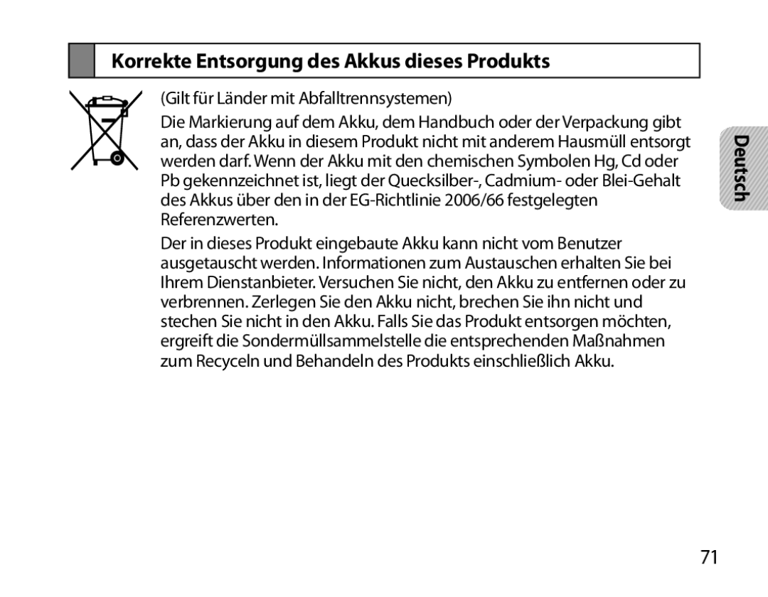 Samsung BHS6000EBECFOP, BHS6000EBECXEF, BHS6000EBECCRO, BHS6000EBECXEH manual Korrekte Entsorgung des Akkus dieses Produkts 