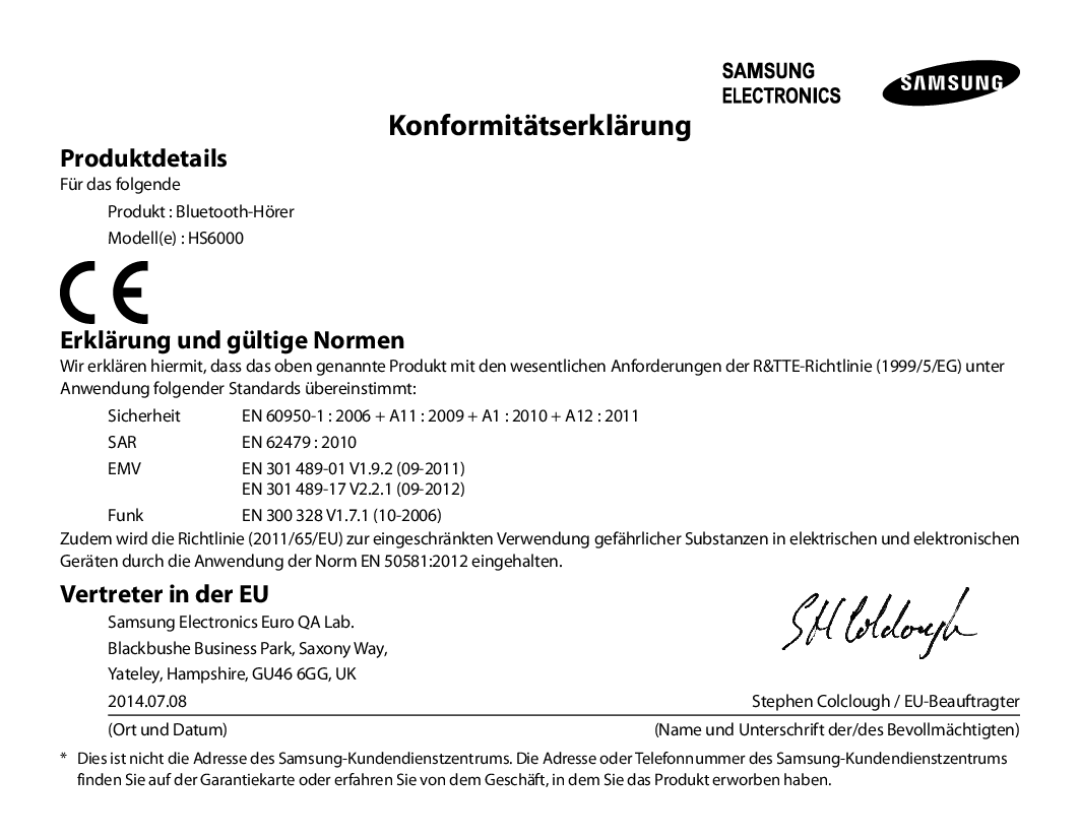 Samsung BHS6000EBECCRO manual Konformitätserklärung, Produktdetails, Erklärung und gültige Normen, Vertreter in der EU 