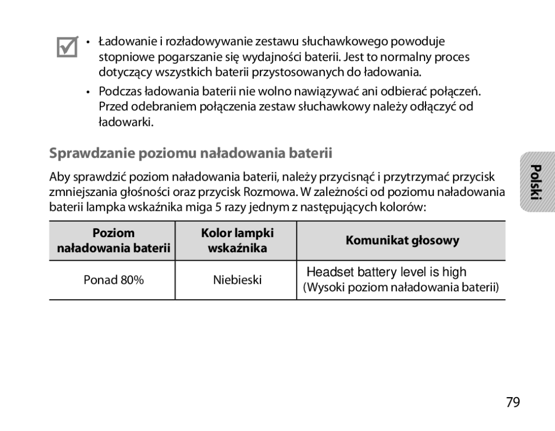 Samsung BHS6000EBECFOP manual Sprawdzanie poziomu naładowania baterii, Poziom Kolor lampki Komunikat głosowy, Wskaźnika 