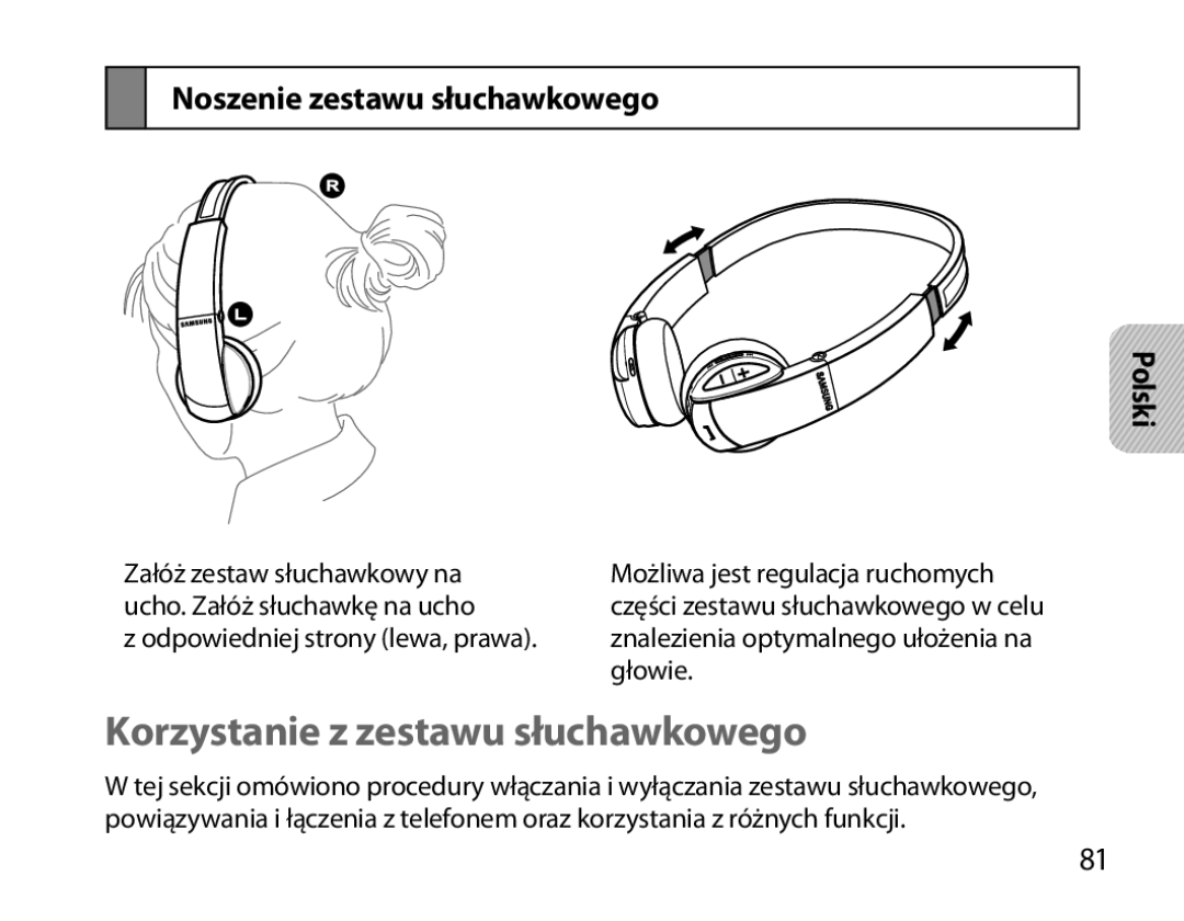 Samsung BHS6000EBECXEH, BHS6000EBECXEF, BHS6000EBECFOP Korzystanie z zestawu słuchawkowego, Noszenie zestawu słuchawkowego 