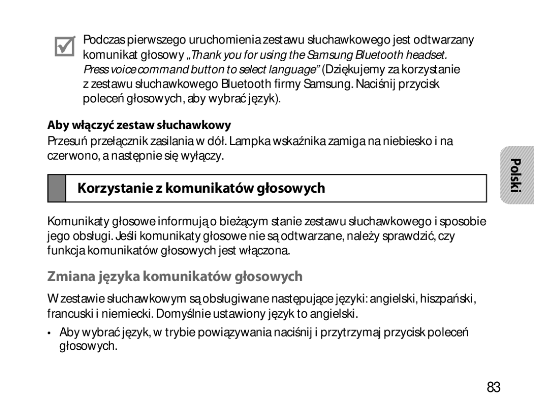 Samsung BHS6000EBECHAT, BHS6000EBECXEF manual Korzystanie z komunikatów głosowych, Zmiana języka komunikatów głosowych 