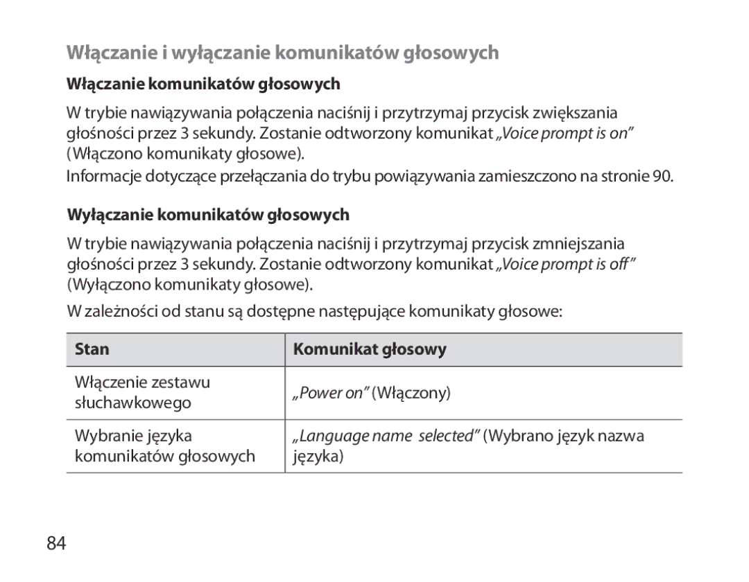 Samsung BHS6000EPECXEH, BHS6000EBECXEF manual Włączanie i wyłączanie komunikatów głosowych, Włączanie komunikatów głosowych 