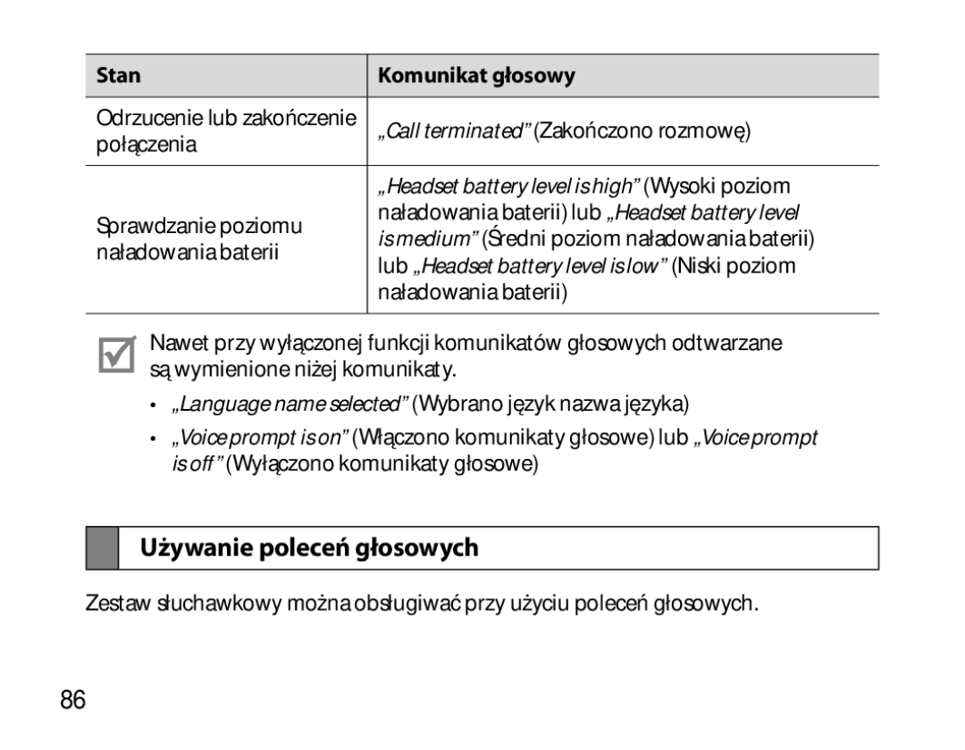 Samsung BHS6000EBECXEF, BHS6000EBECFOP manual Używanie poleceń głosowych, „Headset battery level is high Wysoki poziom 