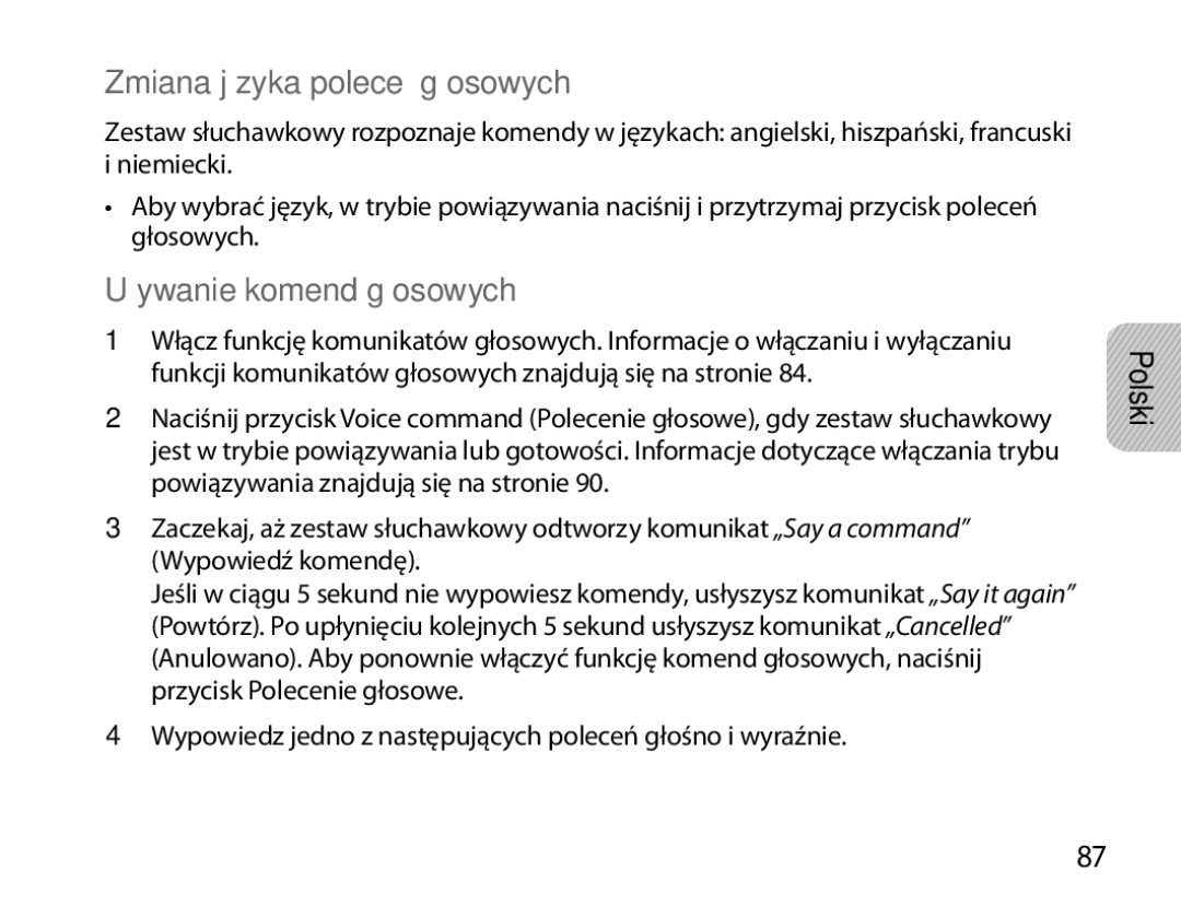 Samsung BHS6000EBECFOP, BHS6000EBECXEF, BHS6000EBECCRO manual Zmiana języka poleceń głosowych, Używanie komend głosowych 