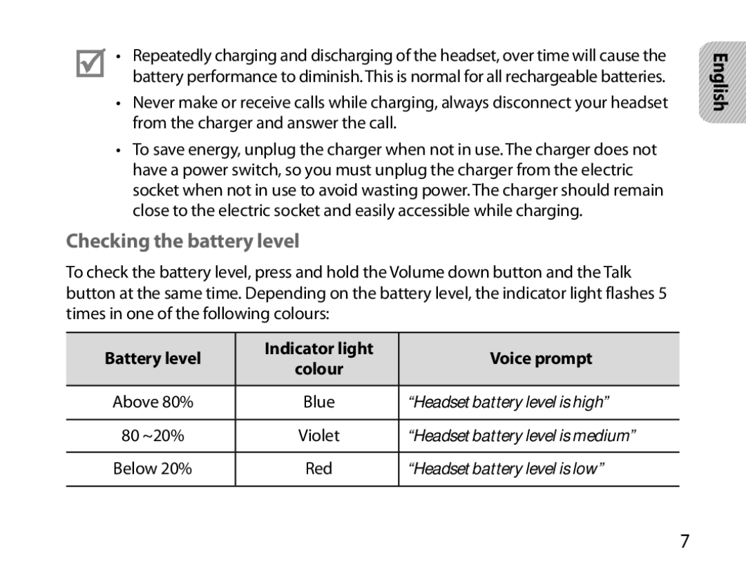 Samsung BHS6000EBECFOP, BHS6000EBECXEF manual Checking the battery level, Battery level Indicator light Voice prompt 