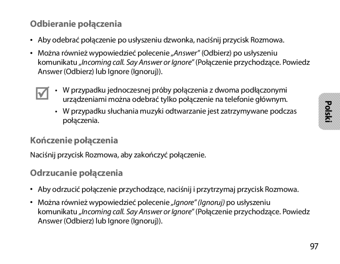 Samsung BHS6000EBECXEH, BHS6000EBECXEF, BHS6000EBECFOP Odbieranie połączenia, Kończenie połączenia, Odrzucanie połączenia 