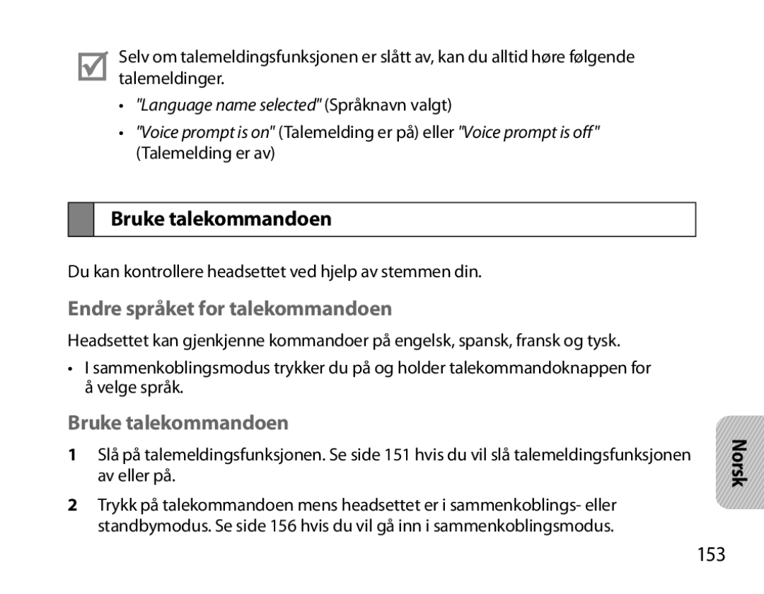 Samsung BHS6000EBECXEH, BHS6000EBECXEF, BHS6000EBECFOP manual Bruke talekommandoen, Endre språket for talekommandoen, 153 