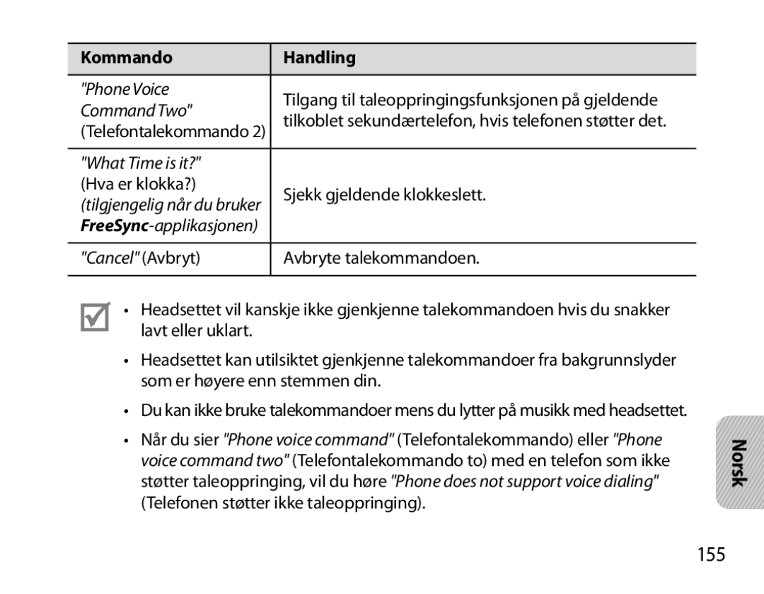 Samsung BHS6000EBECHAT, BHS6000EBECXEF, BHS6000EBECFOP, BHS6000EBECCRO manual 155, Cancel Avbryt Avbryte talekommandoen 