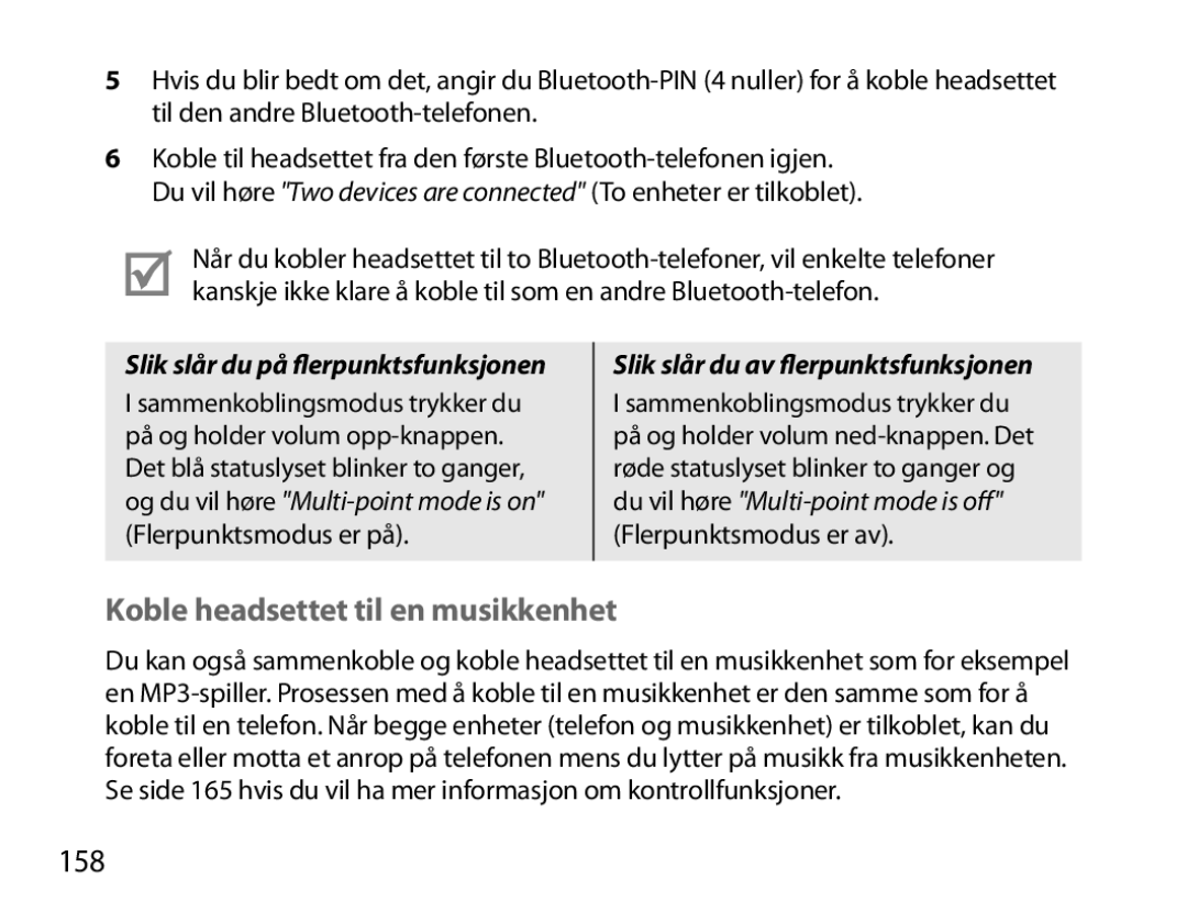 Samsung BHS6000EBECXEF, BHS6000EBECFOP manual Koble headsettet til en musikkenhet, 158, Slik slår du på flerpunktsfunksjonen 