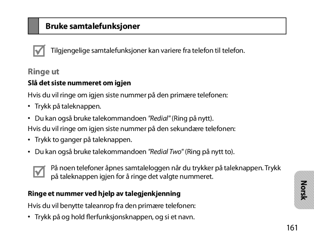 Samsung BHS6000EBECXEH, BHS6000EBECXEF manual Bruke samtalefunksjoner, Ringe ut, 161, Slå det siste nummeret om igjen 