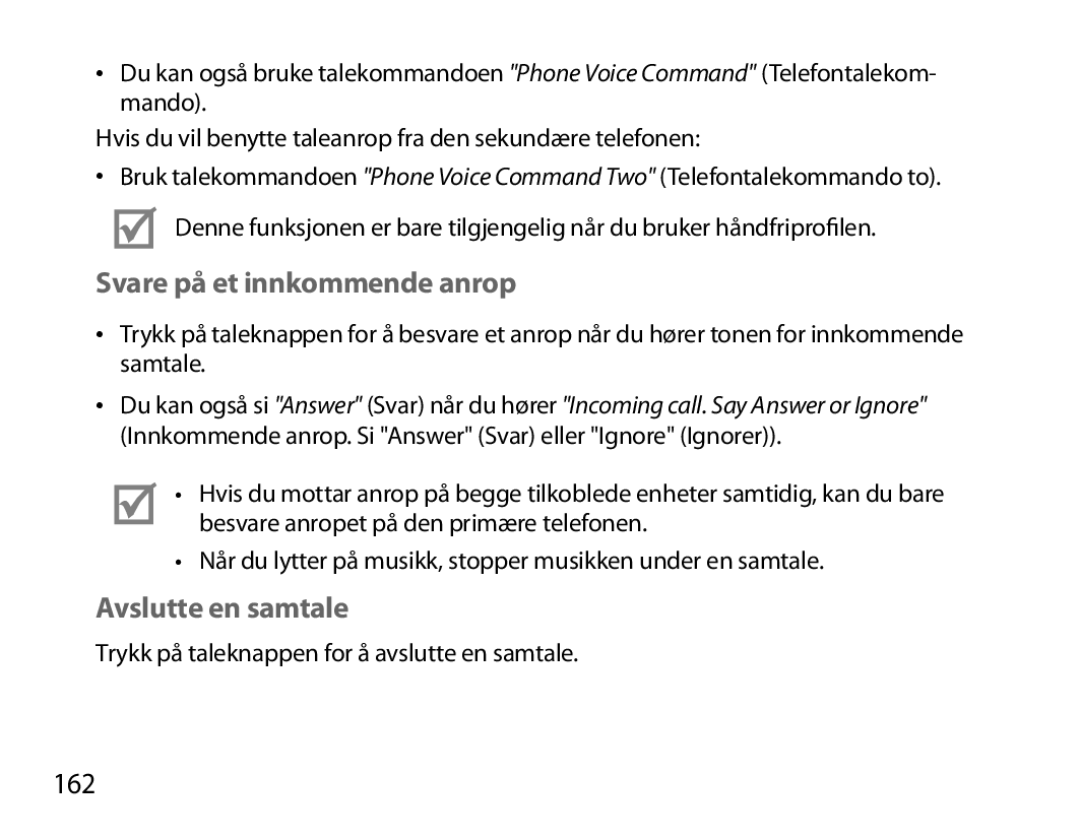 Samsung BHS6000EBECXEE, BHS6000EBECXEF, BHS6000EBECFOP manual Svare på et innkommende anrop, Avslutte en samtale, 162 