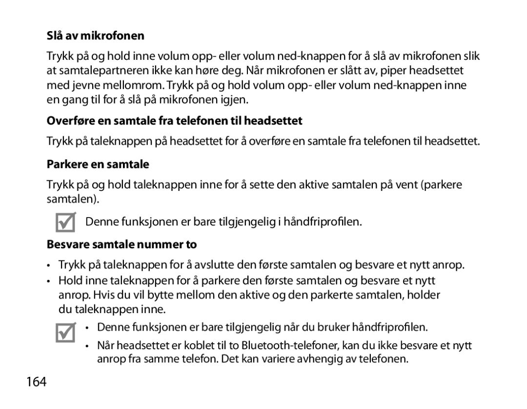 Samsung BHS6000EPECXEH manual 164, Slå av mikrofonen, Overføre en samtale fra telefonen til headsettet, Parkere en samtale 