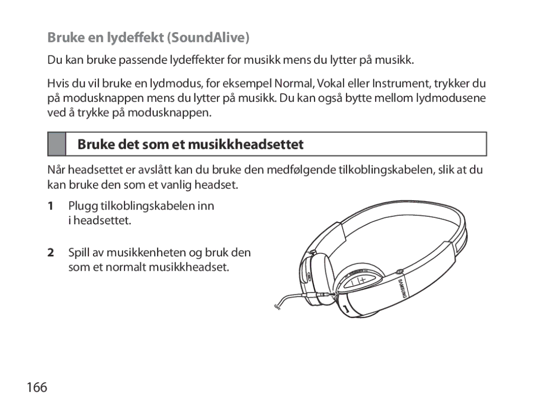 Samsung BHS6000EBECXEF, BHS6000EBECFOP manual Bruke en lydeffekt SoundAlive, Bruke det som et musikkheadsettet, 166 