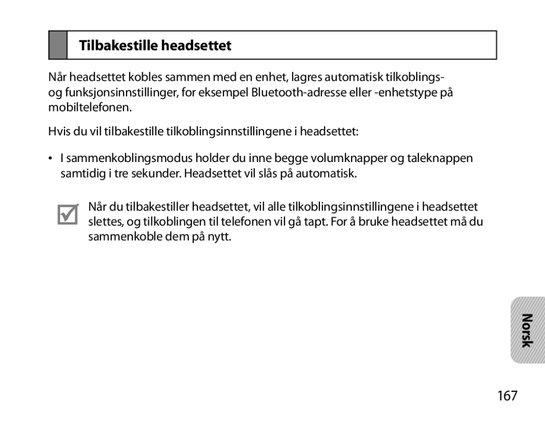 Samsung BHS6000EBECFOP, BHS6000EBECXEF, BHS6000EBECCRO, BHS6000EBECXEH, BHS6000EBECXEE manual Tilbakestille headsettet, 167 