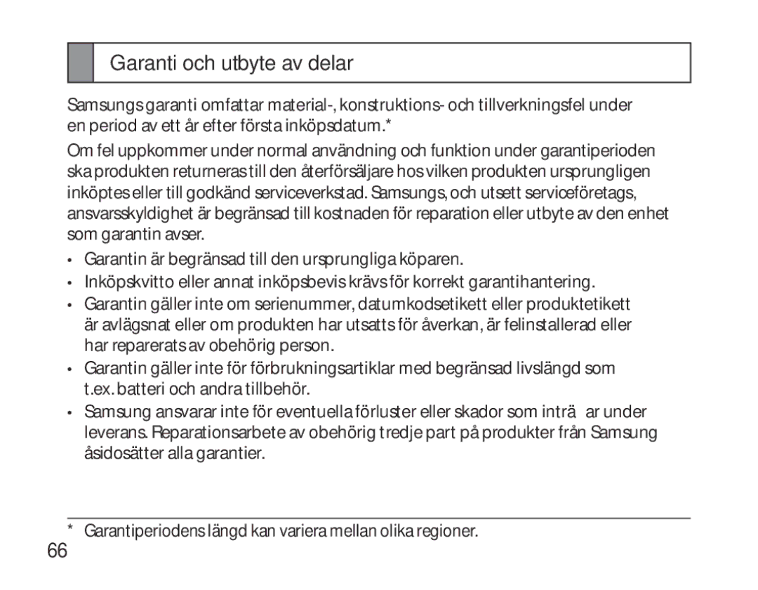 Samsung BHS6000EBECXEE, BHS6000EBECXEF, BHS6000EBECFOP, BHS6000EBECCRO, BHS6000EBECXEH manual Garanti och utbyte av delar 