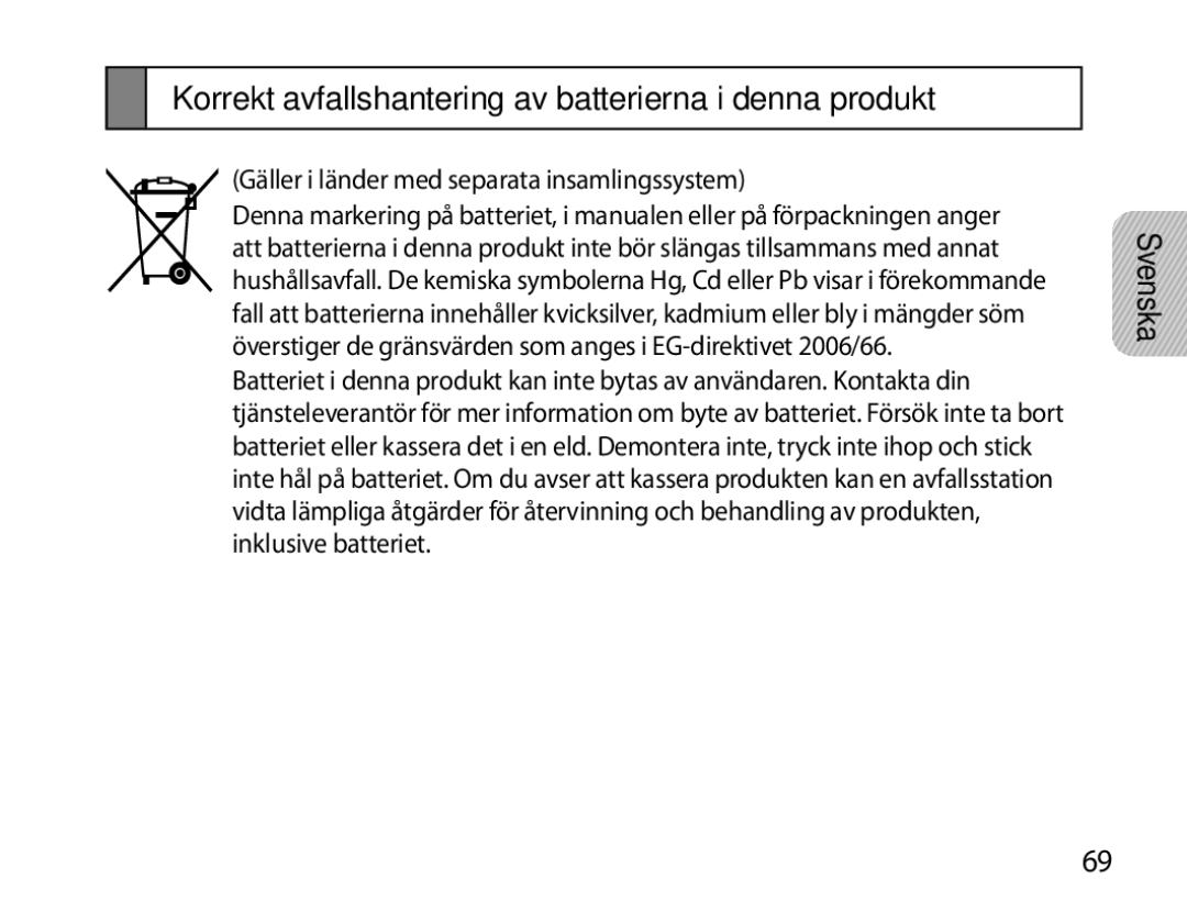 Samsung BHS6000EMECXEH, BHS6000EBECXEF, BHS6000EBECFOP manual Korrekt avfallshantering av batterierna i denna produkt 