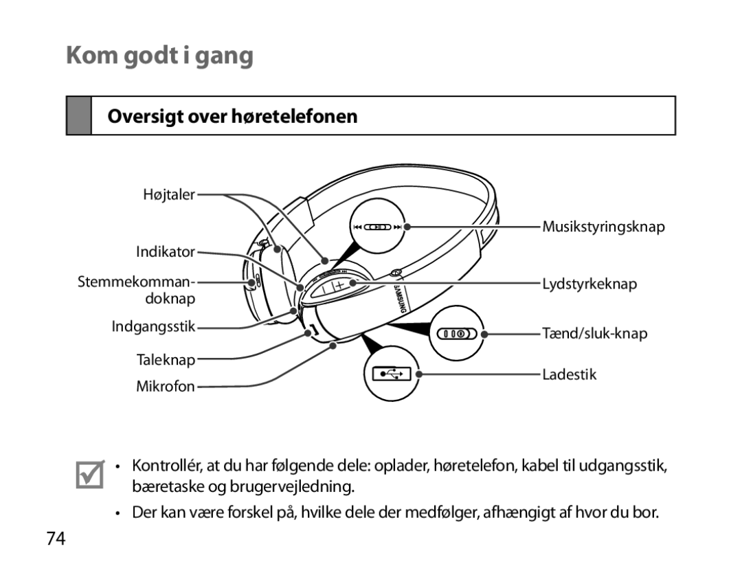 Samsung BHS6000EBECXEE, BHS6000EBECXEF, BHS6000EBECFOP, BHS6000EBECCRO manual Kom godt i gang, Oversigt over høretelefonen 