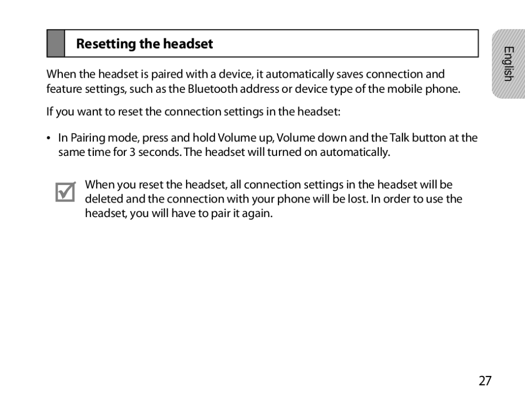 Samsung BHS6000EBECHAT, BHS6000EBECXEF, BHS6000EBECFOP, BHS6000EBECCRO, BHS6000EBECXEH, BHS6000EBECXEE Resetting the headset 