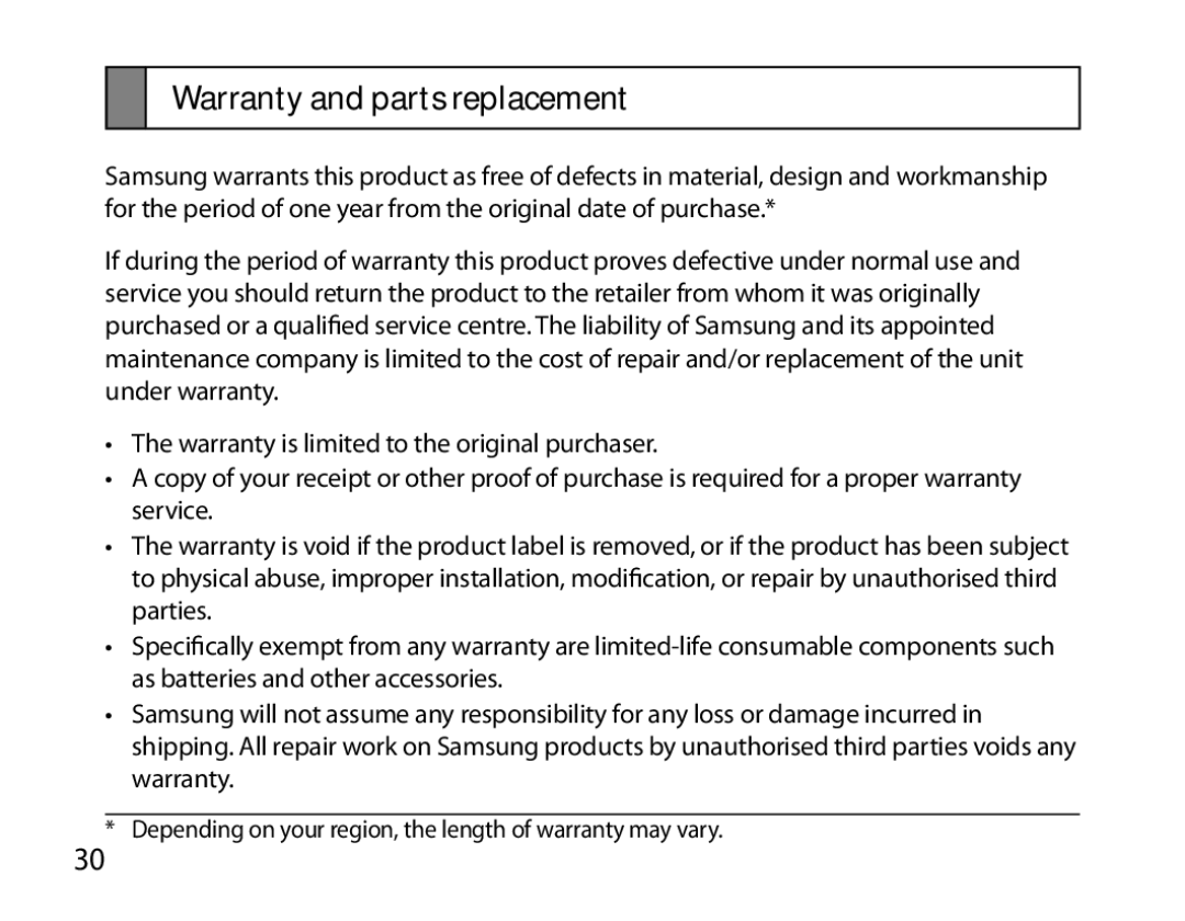 Samsung BHS6000EBECXEF, BHS6000EBECFOP, BHS6000EBECCRO, BHS6000EBECXEH, BHS6000EBECXEE manual Warranty and parts replacement 