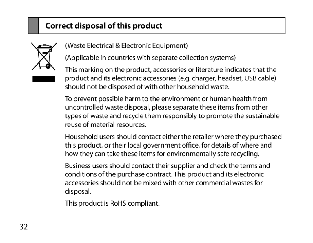 Samsung BHS6000EBECCRO, BHS6000EBECXEF, BHS6000EBECFOP, BHS6000EBECXEH, BHS6000EBECXEE manual Correct disposal of this product 