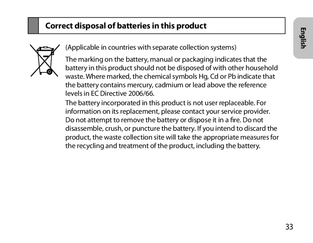 Samsung BHS6000EBECXEH, BHS6000EBECXEF, BHS6000EBECFOP, BHS6000EBECCRO manual Correct disposal of batteries in this product 