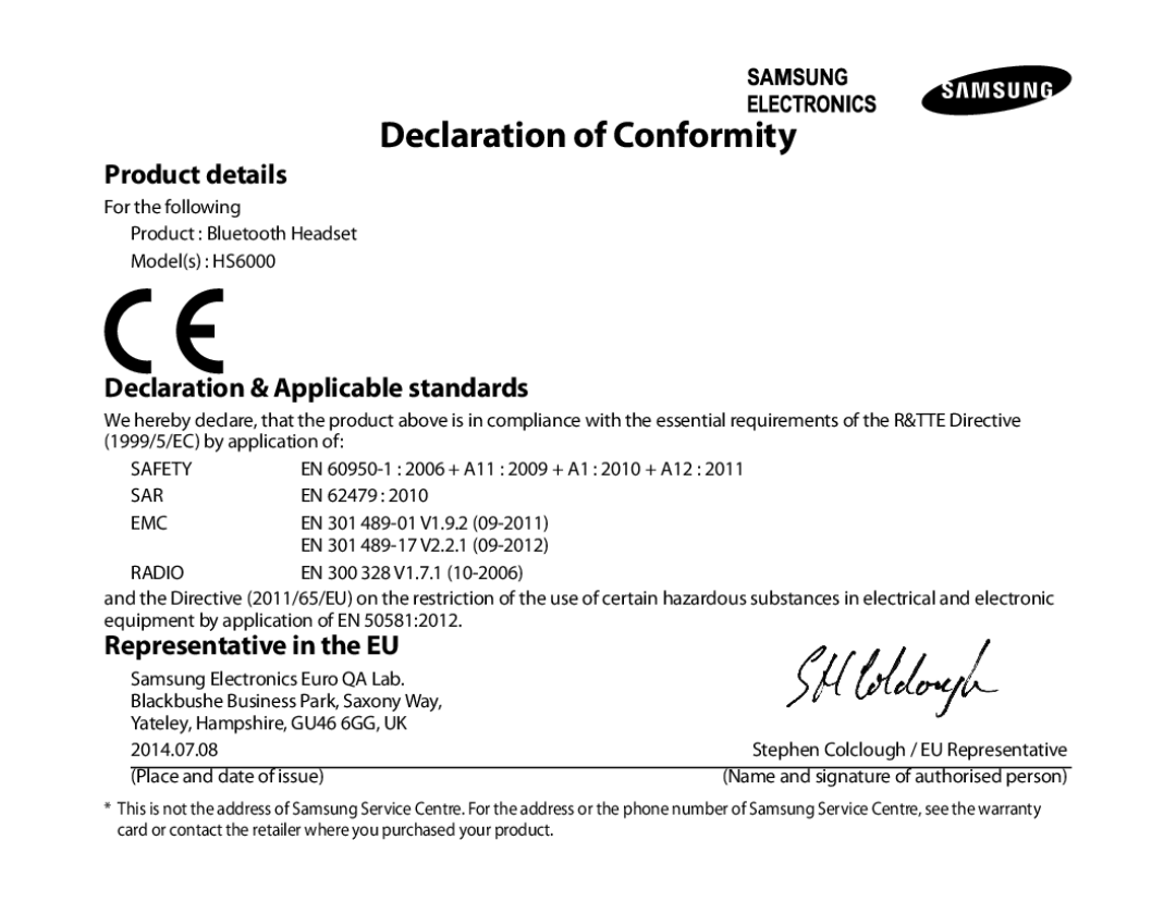 Samsung BHS6000EBECXEE, BHS6000EBECXEF manual Product details, Declaration & Applicable standards, Representative in the EU 