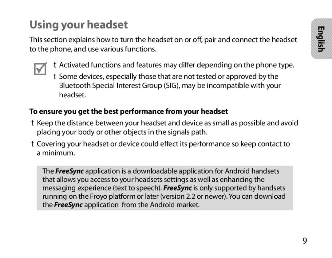 Samsung BHS6000EBECXEH, BHS6000EBECXEF manual Using your headset, To ensure you get the best performance from your headset 