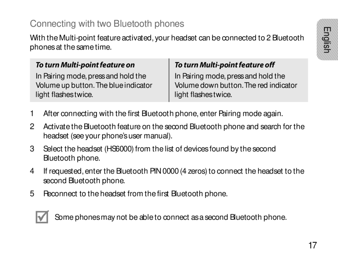 Samsung BHS6000EBECXEH, BHS6000EBECXEF manual Connecting with two Bluetooth phones, To turn Multi-point feature off 