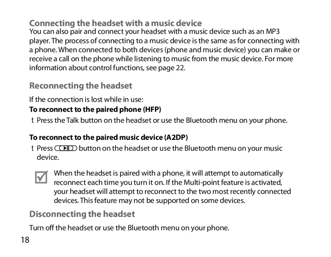 Samsung BHS6000EBECXEE Connecting the headset with a music device, Reconnecting the headset, Disconnecting the headset 