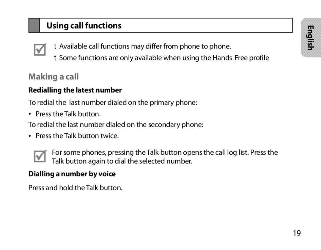 Samsung BHS6000EBECHAT manual Using call functions, Making a call, Redialling the latest number, Dialling a number by voice 