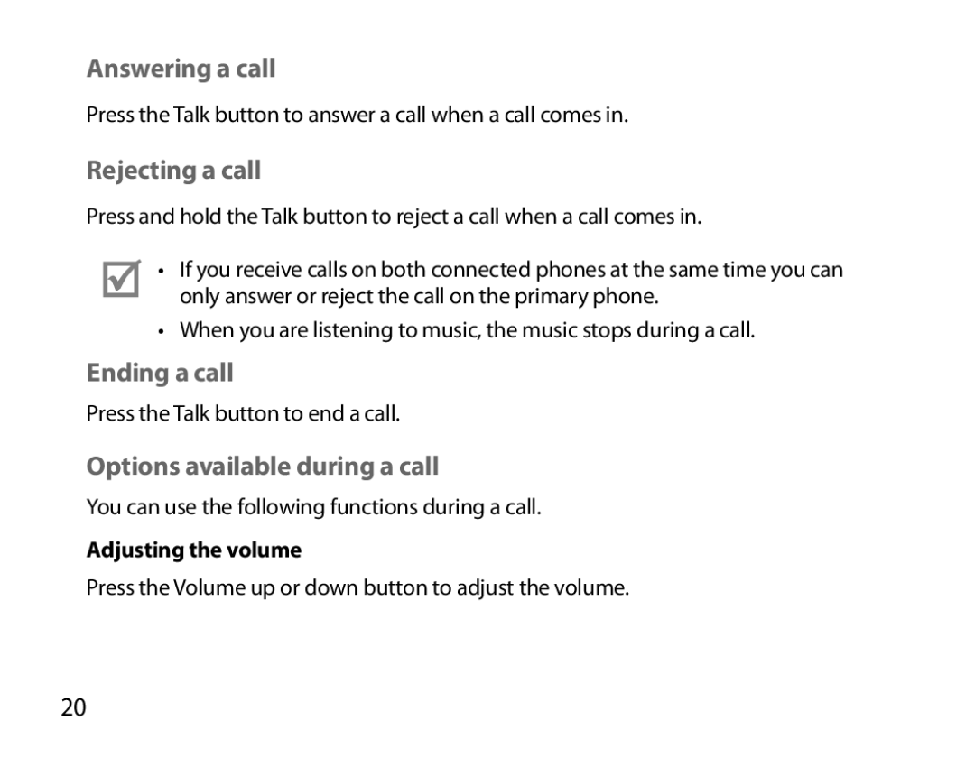 Samsung BHS6000EPECXEH, BHS6000EBECXEF Answering a call, Rejecting a call, Ending a call, Options available during a call 