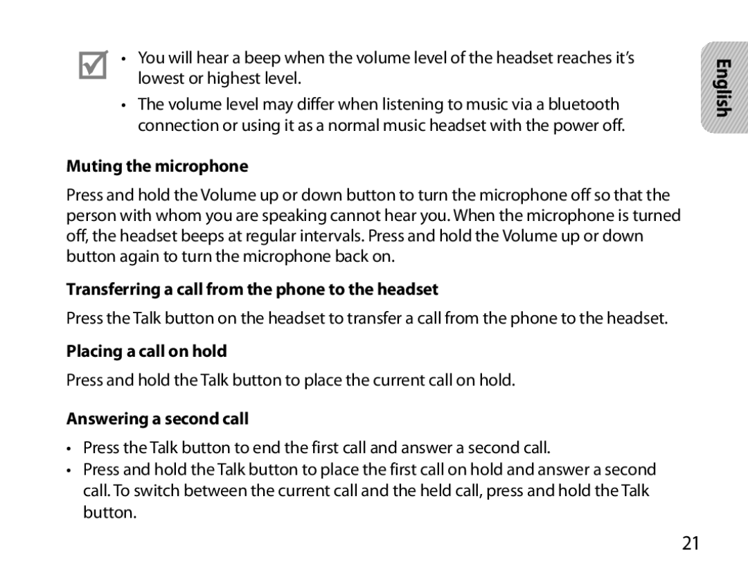 Samsung BHS6000EMECXEH Muting the microphone, Transferring a call from the phone to the headset, Placing a call on hold 