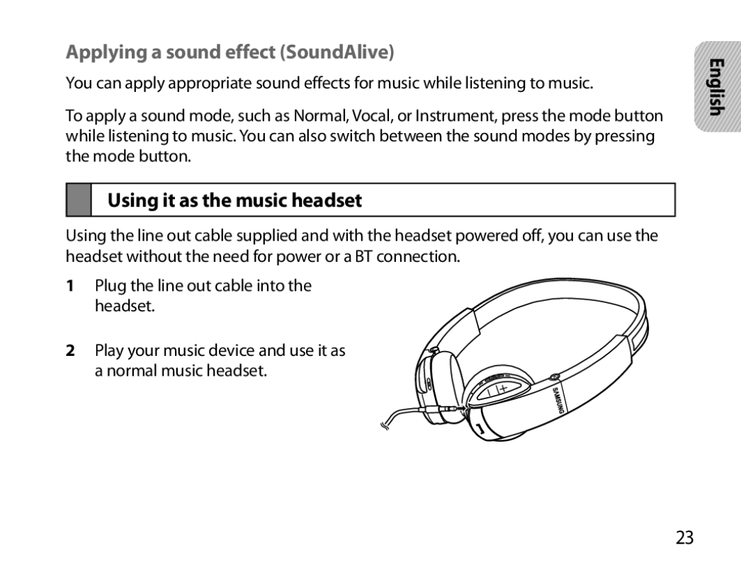 Samsung BHS6000EBECFOP, BHS6000EBECXEF, BHS6000EBECCRO Applying a sound effect SoundAlive, Using it as the music headset 