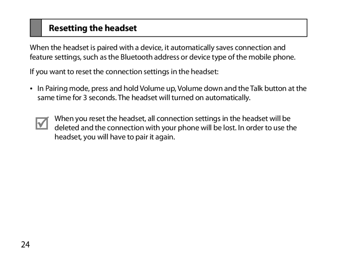 Samsung BHS6000EBECCRO, BHS6000EBECXEF, BHS6000EBECFOP, BHS6000EBECXEH, BHS6000EBECXEE, BHS6000EBECHAT Resetting the headset 