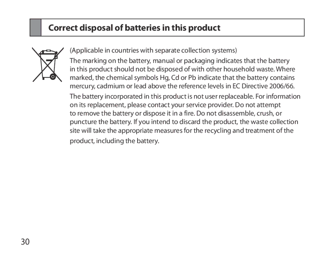 Samsung BHS6000EBECXEF, BHS6000EBECFOP, BHS6000EBECCRO, BHS6000EBECXEH manual Correct disposal of batteries in this product 