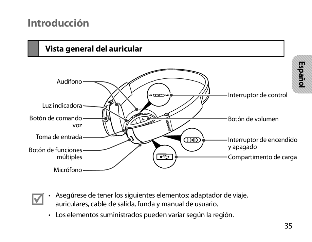 Samsung BHS6000EBECHAT, BHS6000EBECXEF, BHS6000EBECFOP, BHS6000EBECCRO manual Introducción, Vista general del auricular 