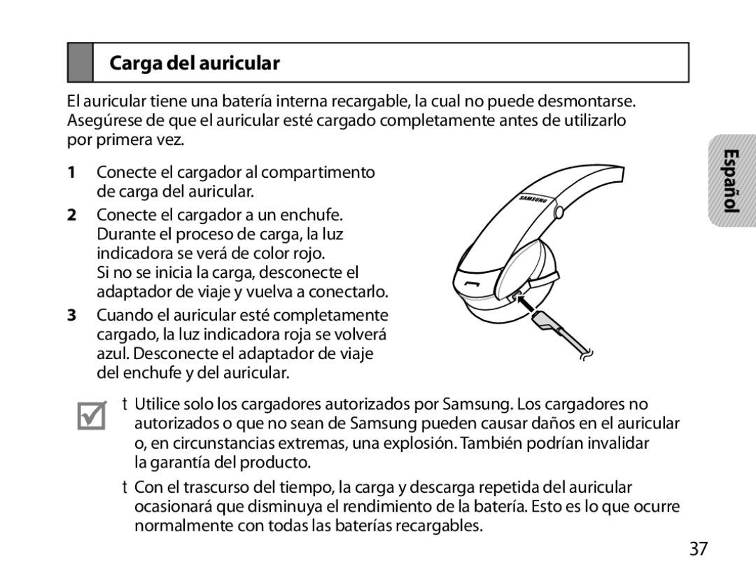 Samsung BHS6000EMECXEH, BHS6000EBECXEF, BHS6000EBECFOP, BHS6000EBECCRO, BHS6000EBECXEH manual Carga del auricular, Español 